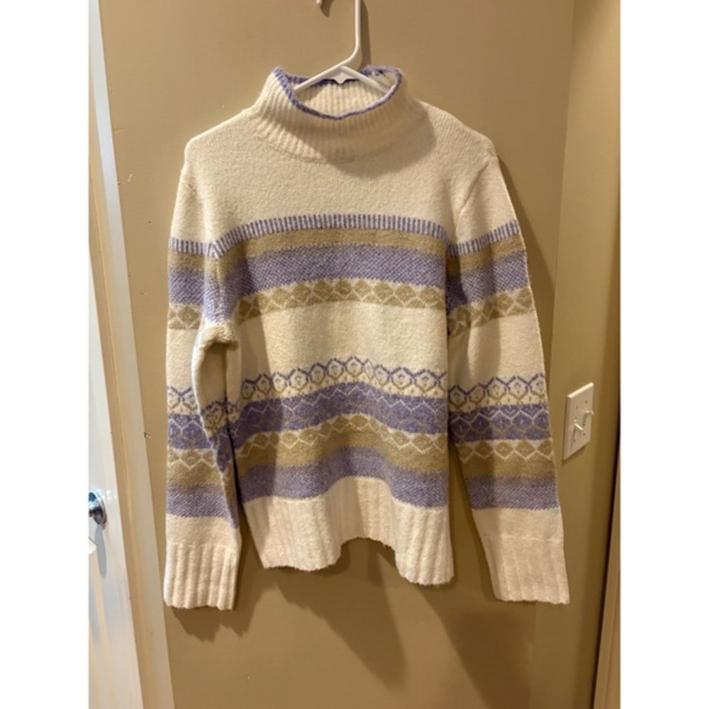 Aspen Womens Mock Neck‎ Fair Isle Knit Sweater Lavender Cream Tan Size Large